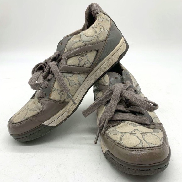 Coach "Nova" Grey/Taupe Signature Logo Canvas Lace-Up Sneakers Women's 6.5 - Picture 1 of 13